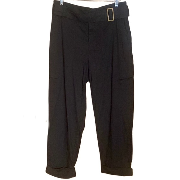 Vince Linen blend Belted half elastic high waist Pants in Black cuffed hem sz M - Picture 4 of 14